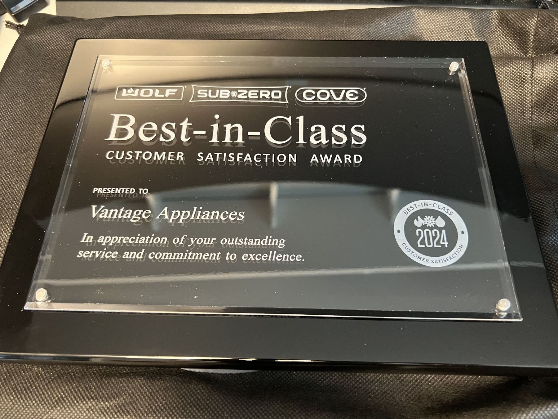 Sub-Zero, Wolf and Cove Best-in-Class Customer Satisfaction Award plaque, 2024